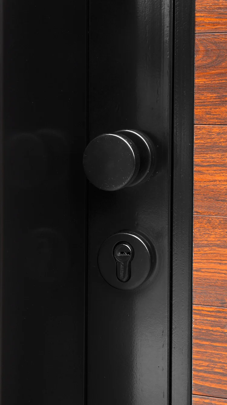 Pomo de seguridad negro para puerta principal moderna instalada en residencia.