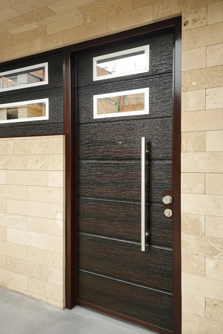 Puerta acabado ebano con paneles de vidrio instalada en residencia.