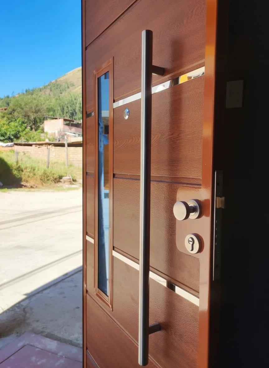 Puerta madera con manillon largo de acero instalada en residencia.