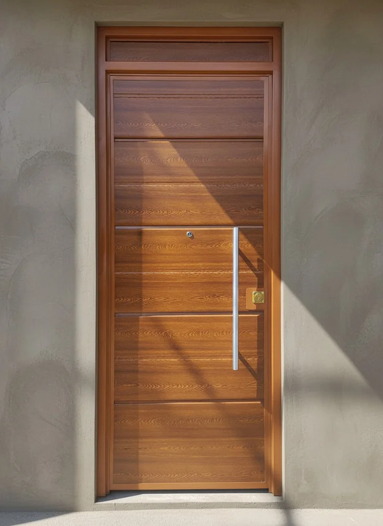 Textura detallada puerta principal madera instalada en residencia.