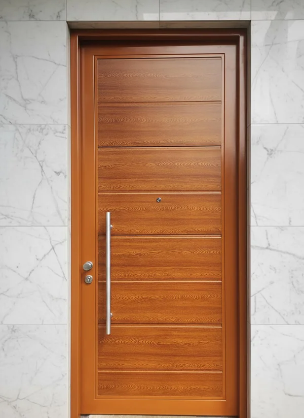 Puerta de ingreso acabado tipo cedro con manillon de acero vertical.