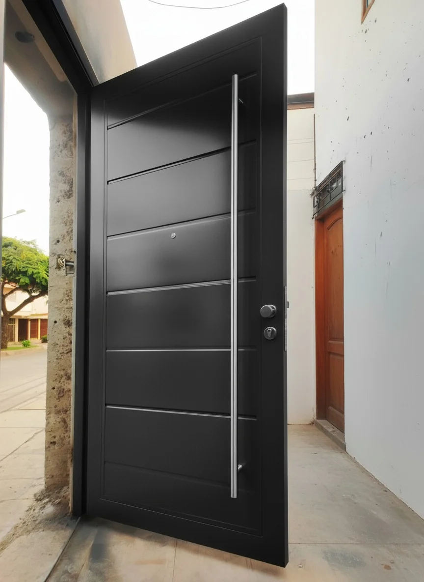 Puerta de seguridad color grafito con manillon de acero largo.